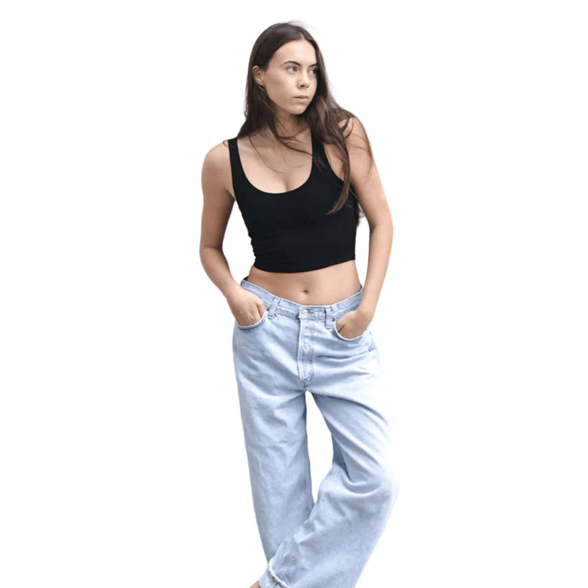 Product shot of NŪD Apparel Devon Double Layered Scoop Crop top, wide strap and seamless, made of bamboo fabric produced in California, in Black on fair-skinned model paired with light-wash jeans, front wide shot