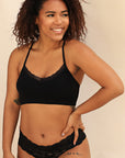 Product shot of Boob-eez Lace Edge Bralette in Black, with adjustable and convertible straps, wear as racerback or front to back 