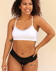 Product shot of Boob-eez Lace Edge Bralette in White, with adjustable and convertible straps, wear as racerback or front to back 
