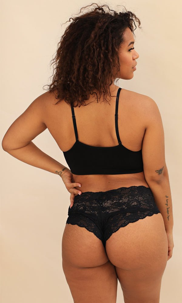 Product shot of Boob-eez Lace Edge Bralette in Black, with adjustable and convertible straps, wear as racerback or front to back, back shot