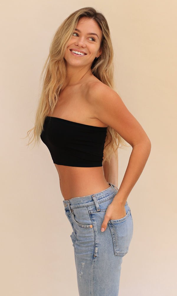 Product shot of Boob-eez Seamless Bandeau in Black, strapless and seamless style, easy layering piece under blouses, tanks, and low-cut dresses, amazing basic 